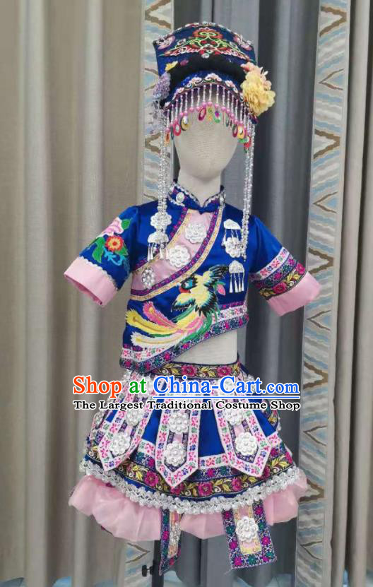 Chinese Pumi Nationality Children Performance Clothing Ethnic Folk Dance Garment Costumes Qiang Minority Dance Blue Dress Outfits and Headwear