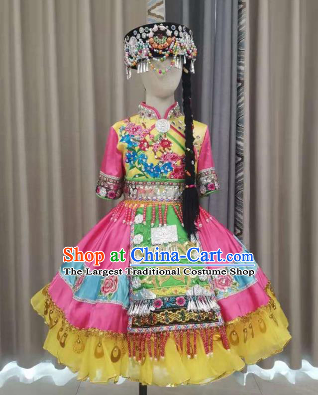 Chinese Qiang Nationality Children Performance Clothing Ethnic Folk Dance Garment Costumes Pumi Minority Dance Pink Dress Outfits and Headdress