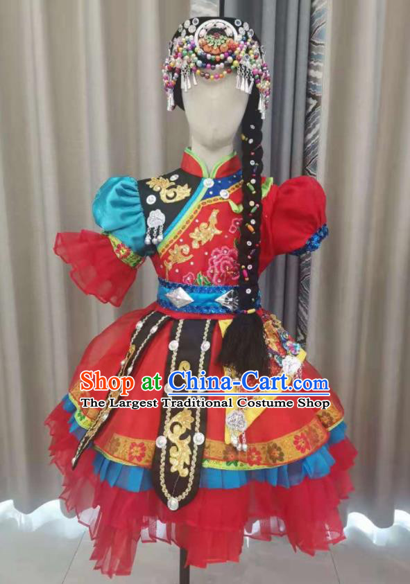 Chinese Qiang Nationality Children Performance Clothing Ethnic Folk Dance Garment Costumes Pumi Minority Dance Red Dress Outfits and Headpieces