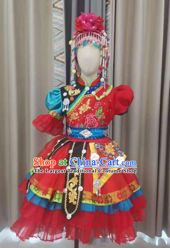 Chinese Qiang Nationality Children Performance Clothing Ethnic Folk Dance Garment Costumes Pumi Minority Dance Red Dress Outfits and Headpieces