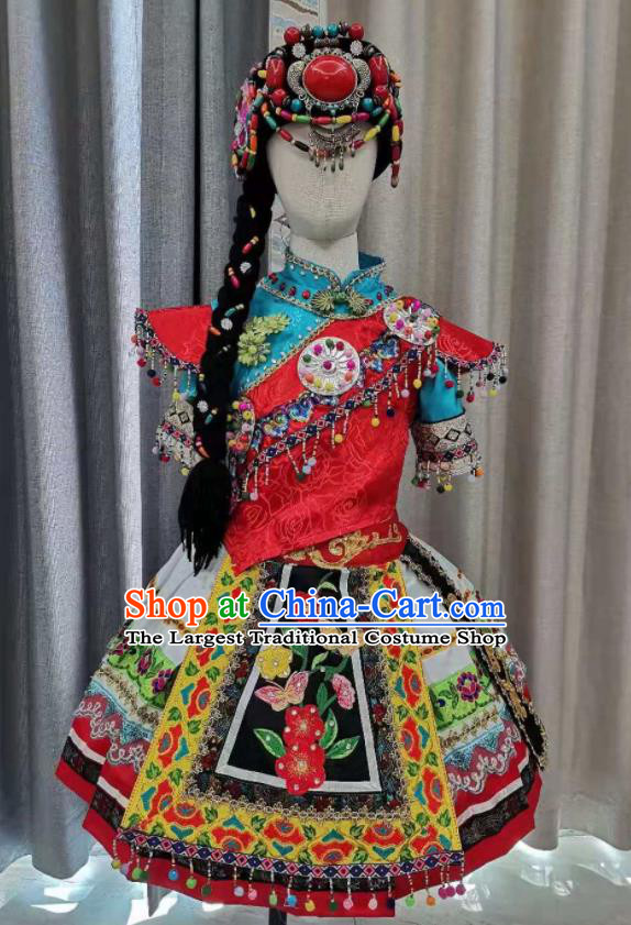Chinese Ethnic Folk Dance Garment Costumes Lisu Minority Dance Red Dress Outfits Qiang Nationality Children Performance Clothing and Hat