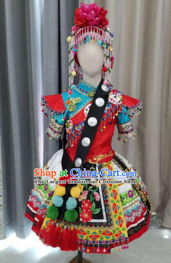 Chinese Ethnic Folk Dance Garment Costumes Lisu Minority Dance Red Dress Outfits Qiang Nationality Children Performance Clothing and Hat