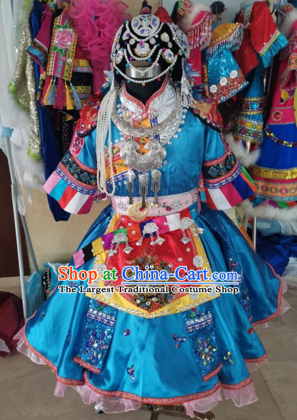 Chinese Pumi Nationality Children Performance Clothing Ethnic Folk Dance Garment Costumes Qiang Minority Dance Blue Dress Outfits and Pearls Hat