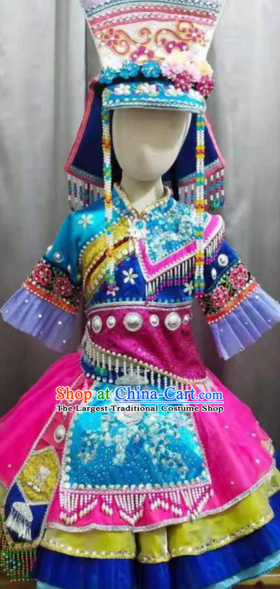 Chinese Qiang Nationality Performance Clothing Ethnic Children Dance Garment Costumes Pumi Minority Girl Dance Dress Outfits and Headwear