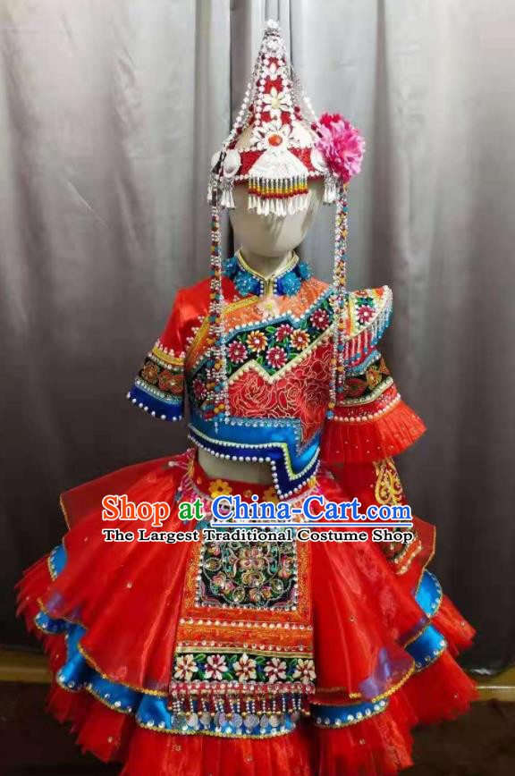 Chinese She Nationality Performance Clothing Ethnic Children Dance Garment Costumes Qiang Minority Girl Festival Red Dress Outfits and Hair Crown