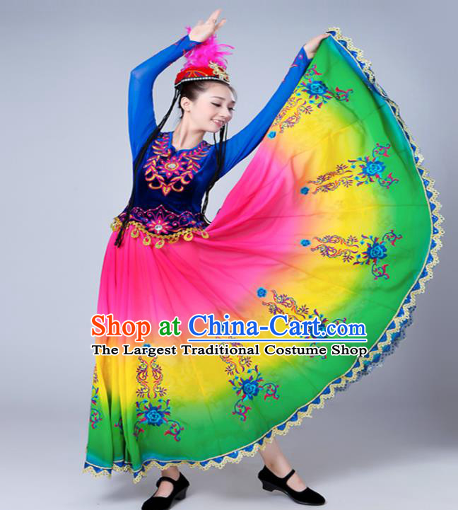 Chinese Uyghur Nationality Traditional Festival Clothing Spring Festival Gala Ethnic Dance Garment Costumes Xinjiang Minority Dance Dress Outfits