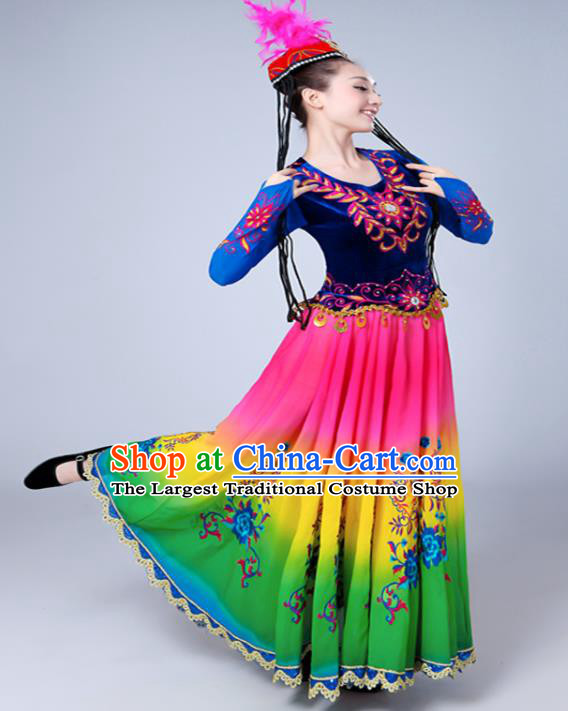 Chinese Uyghur Nationality Traditional Festival Clothing Spring Festival Gala Ethnic Dance Garment Costumes Xinjiang Minority Dance Dress Outfits