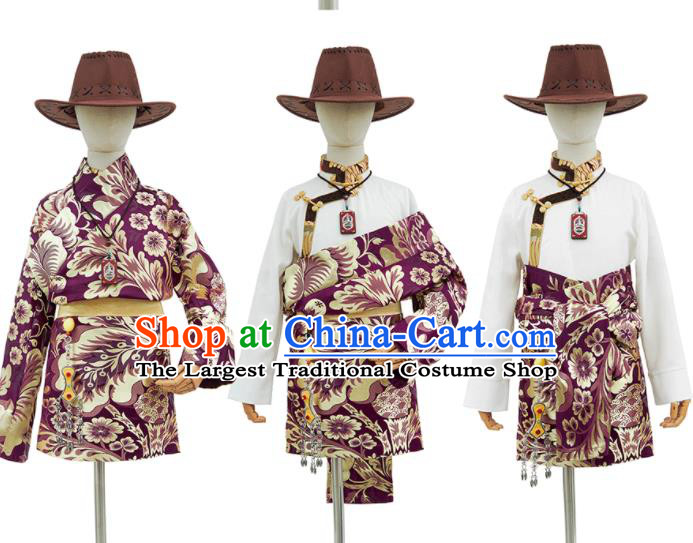 Chinese Traditional Performance Purple Brocade Tibetan Robe Xizang Ethnic Boys Costume Zang Nationality Kid Folk Dance Clothing