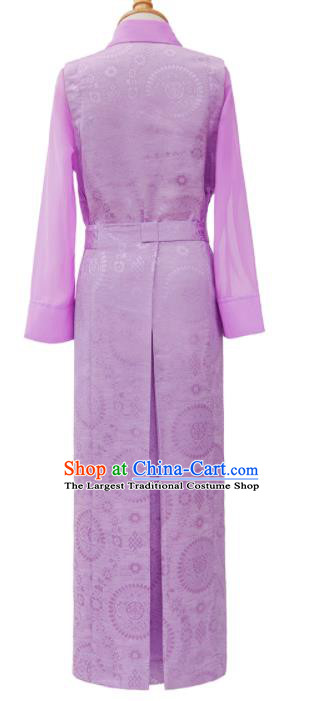 Chinese Ethnic Folk Dance Lilac Brocade Dress Zang Minority Girl Garment Costume Tibetan Nationality Children Informal Clothing