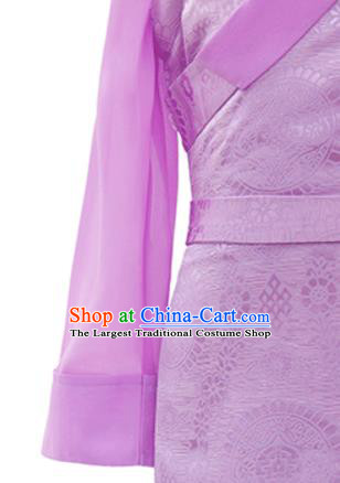 Chinese Ethnic Folk Dance Lilac Brocade Dress Zang Minority Girl Garment Costume Tibetan Nationality Children Informal Clothing