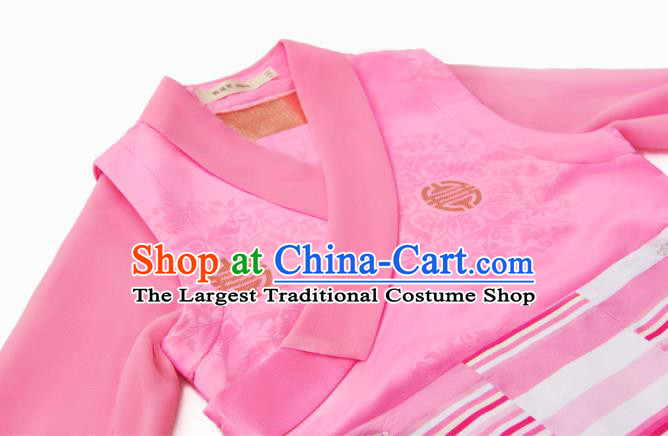 Chinese Tibetan Nationality Children Informal Clothing Ethnic Folk Dance Pink Brocade Dress Zang Minority Girl Garment Costume