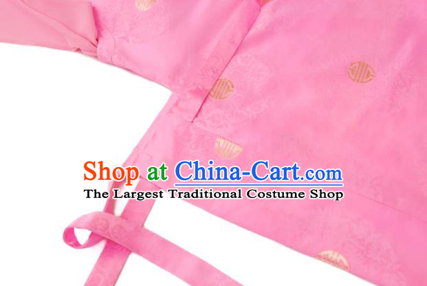 Chinese Tibetan Nationality Children Informal Clothing Ethnic Folk Dance Pink Brocade Dress Zang Minority Girl Garment Costume