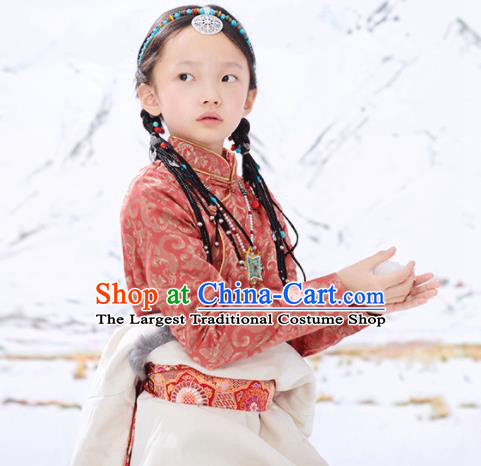Chinese Ethnic Children Rust Red Brocade Shirt Zang Minority Girl Upper Outer Garment Tibetan Nationality Blouse Clothing