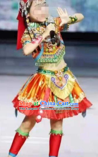 Chinese She Minority Dance Red Dress Outfits Lisu Nationality Children Performance Clothing Ethnic Folk Dance Garment Costumes