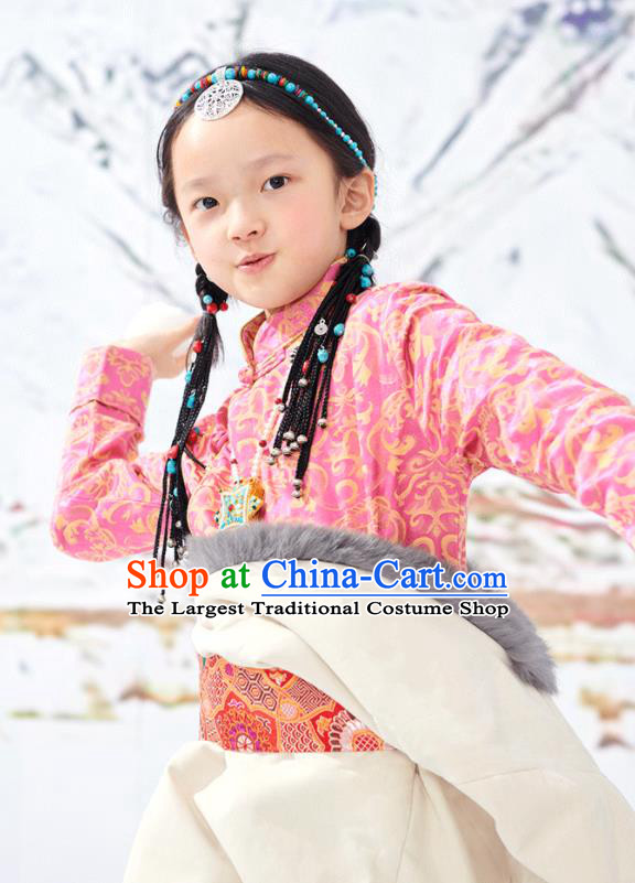 Chinese Tibetan Nationality Blouse Clothing Ethnic Children Pink Brocade Shirt Zang Minority Girl Upper Outer Garment