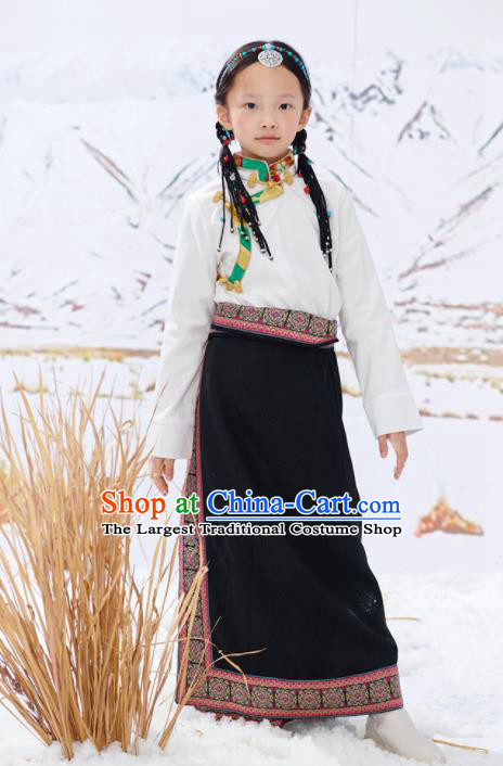Chinese Zang Minority Festival Performance Costumes Tibetan Nationality Girl Clothing Ethnic Children White Blouse and Black Skirt