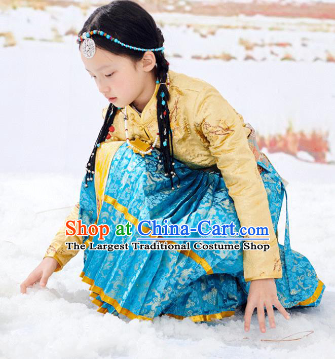 Chinese Xizang Ethnic Children Golden Brocade Blouse and Blue Skirt Zang Minority Festival Performance Costumes Tibetan Nationality Girl Clothing