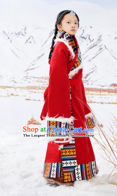 Chinese Traditional Children Red Woolen Tibetan Robe Xizang Ethnic Girl Clothing Zang Minority Festival Performance Costumes