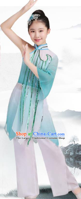China Girl Fan Dance Garment Costumes Jiangnan Umbrella Dance Clothing Stage Performance Uniforms Classical Dance Light Blue Dress