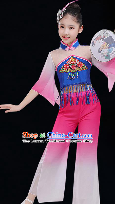 China Folk Dance Apparels Girl Fan Dance Garment Costumes Yangko Dance Clothing Stage Performance Pink Uniforms