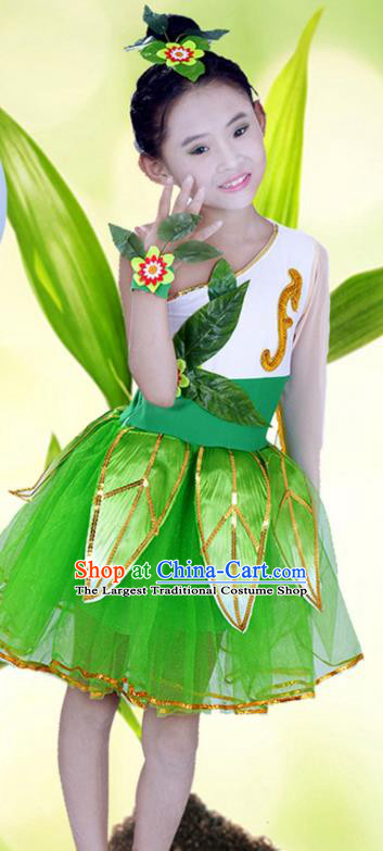 Custom Modern Dance Green Veil Dress Girls Stage Performance Fashion Clothing Children Group Dance Costume