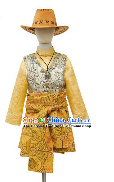 Chinese Zang Nationality Kid Clothing Traditional Children Brocade Vest Shirt and Skirt Tibetan Ethnic Boys Garment Costumes