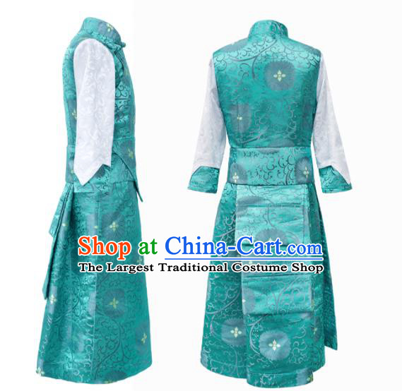 Chinese Ethnic Children Blue Brocade Dress Zang Minority Performance Costumes Tibetan Nationality Girl Bola Clothing