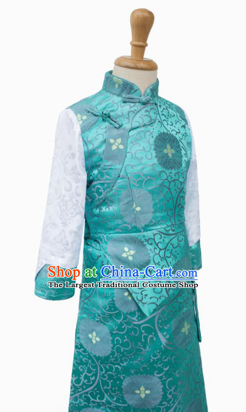 Chinese Ethnic Children Blue Brocade Dress Zang Minority Performance Costumes Tibetan Nationality Girl Bola Clothing