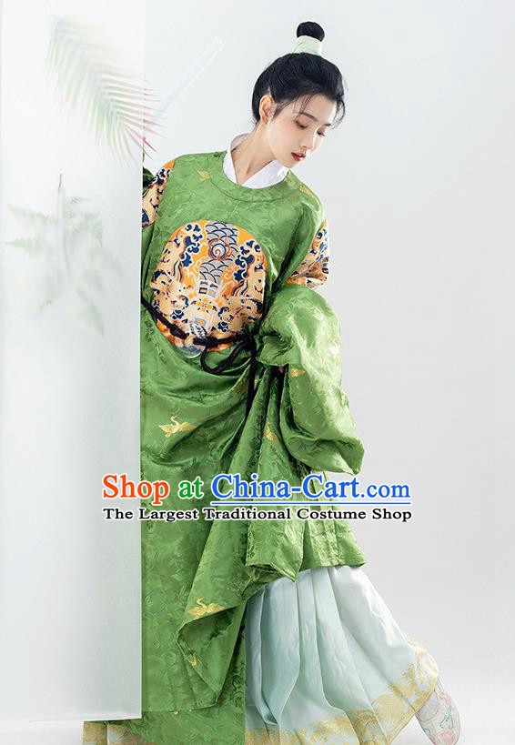 China Traditional Embroidered Green Brocade Round Collar Robe Ancient Swordsman Garment Costume Ming Dynasty Noble Childe Historical Clothing