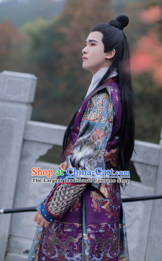 China Ancient Swordsman Garment Costume Ming Dynasty Imperial Guard Historical Clothing Traditional Hanfu Purple Brocade Vest