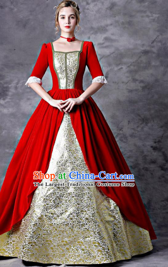Top Western Renaissance Style Red Full Dress Christmas Garment Costume England Lady Formal Attire European Drama Performance Clothing