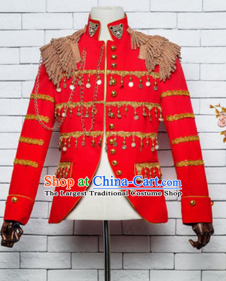 Custom Annual Meeting Performance Red Jacket European Prince Garment Costume Vintage Male Clothing General Suit