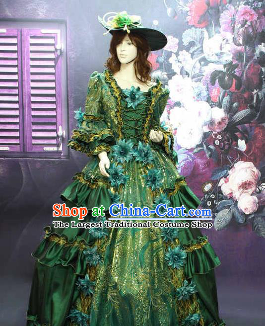 Top Christmas Formal Attire European Noble Lady Clothing Western Drama Performance Green Full Dress Ballroom Dance Garment Costume