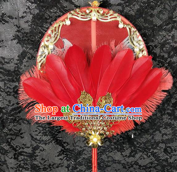 Chinese Traditional Hanfu Palace Fan Handmade Princess Circular Fans Classical Dance Fan Wedding Red Feather Fan