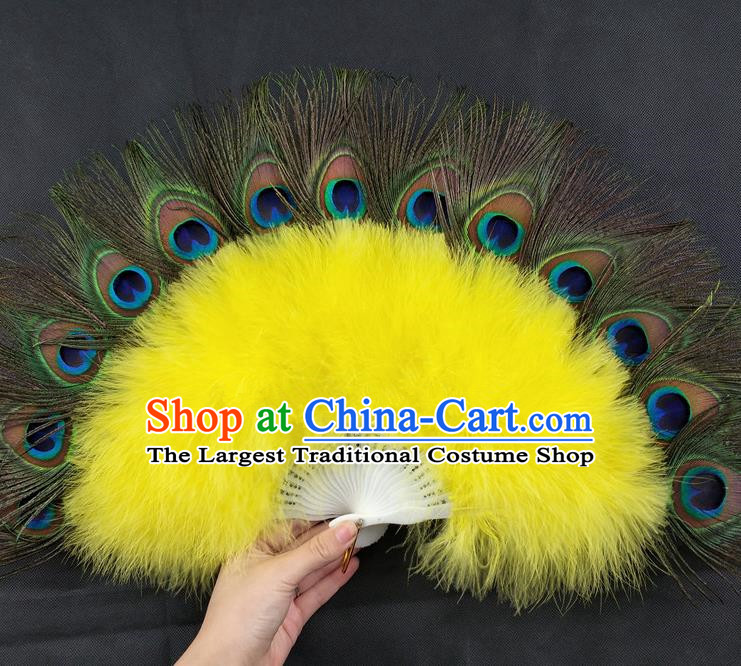 Handmade Belly Dance Yellow Feather Fan Modern Dance Fan Peacock Feather Fan Stage Show Fan