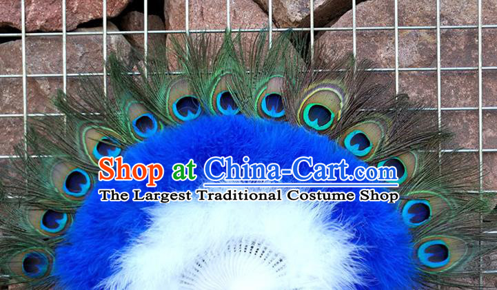 Handmade Modern Dance Fan Baroque Princess Fan Wedding Dance Royalblue Feather Fan Belly Dance Peacock Feather Fan