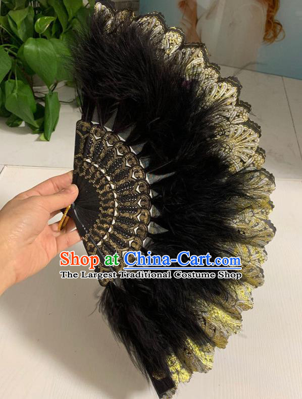 Chinese Handmade Folding Fan Cheongsam Dance Fan Traditional Stage Show Fan Classical Dance Black Feather Fans