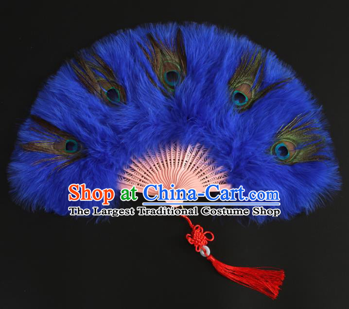 Chinese Cheongsam Show Fan Traditional Stage Performance Folding Fan Handmade Royalblue Feather Fans Classical Dance Fan