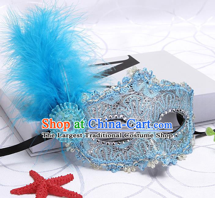 Handmade Masquerade Parade Prop Fancy Ball Mask Headgear Stage Performance Accessories Halloween Cosplay Blue Feather Face Mask