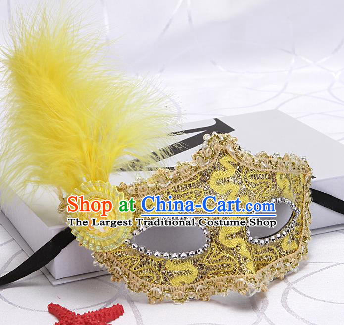 Handmade Halloween Cosplay Yellow Feather Face Mask Masquerade Parade Prop Fancy Ball Mask Headgear Stage Performance Accessories