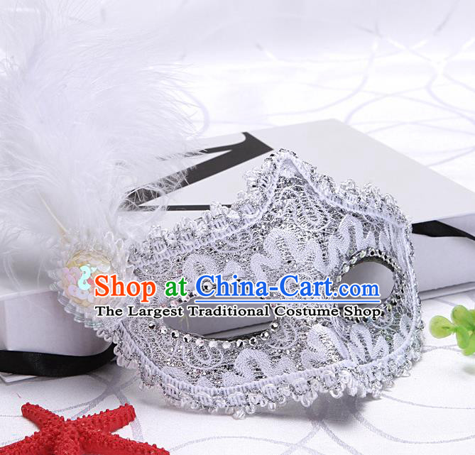 Handmade Stage Performance Accessories Halloween Cosplay White Feather Face Mask Masquerade Parade Prop Fancy Ball Mask Headgear