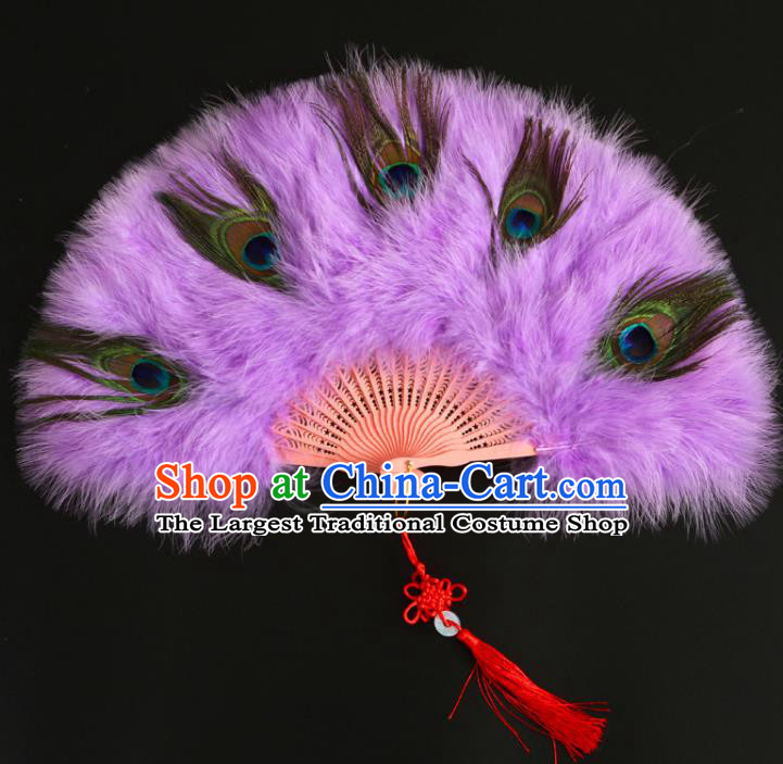 Chinese Classical Dance Fan Cheongsam Show Fan Traditional Stage Performance Folding Fan Handmade Lilac Feather Fans