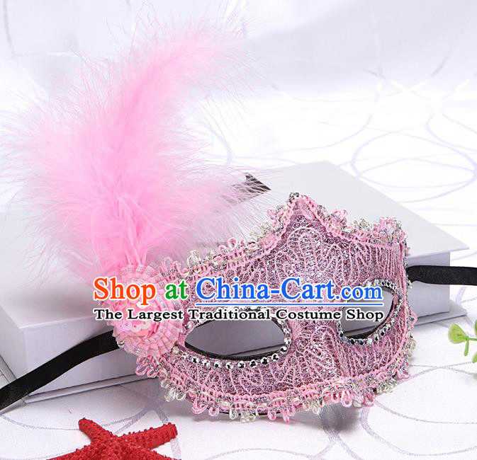 Handmade Masquerade Party Prop Headgear Halloween Fancy Ball Mask Stage Show Lace Accessories Cosplay Pink Feather Face Mask