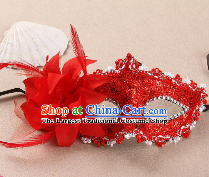 Handmade Stage Show Lace Accessories Cosplay Red Flower Face Mask Masquerade Party Prop Headgear Halloween Fancy Ball Mask