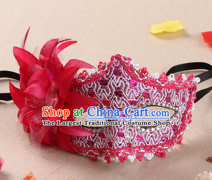 Handmade Cosplay Rosy Flower Face Mask Masquerade Party Prop Headgear Halloween Fancy Ball Mask Stage Show Lace Accessories