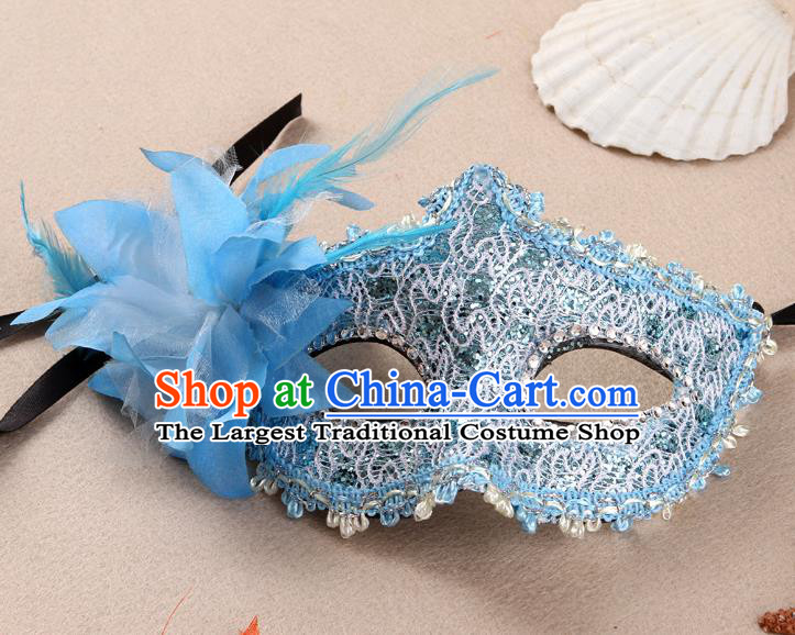 Handmade Halloween Dancing Party Lace Mask Stage Show Face Accessories Cosplay Performance Blue Flower Face Mask Masquerade Ball Headgear