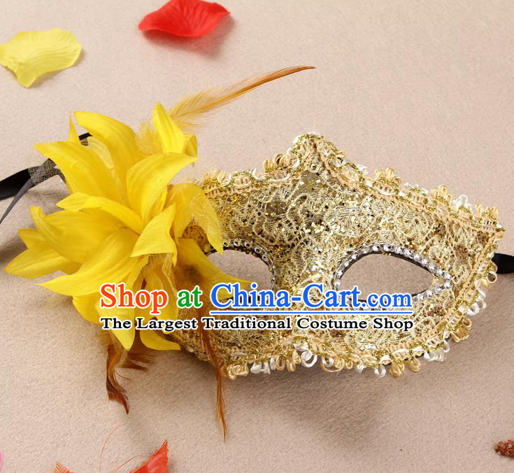 Handmade Masquerade Ball Headgear Halloween Dancing Party Lace Mask Stage Show Face Accessories Cosplay Performance Yellow Flower Face Mask