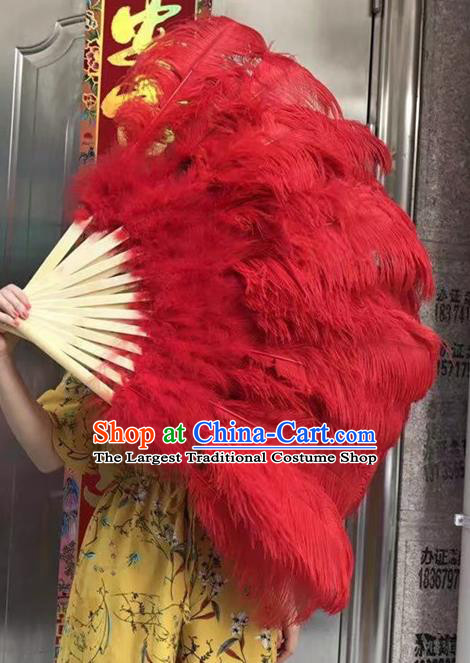 Top Folk Dance Large Fan Handmade Red Ostrich Feather Fan Miami Show Fan Halloween Cosplay Bamboo Folding Fan