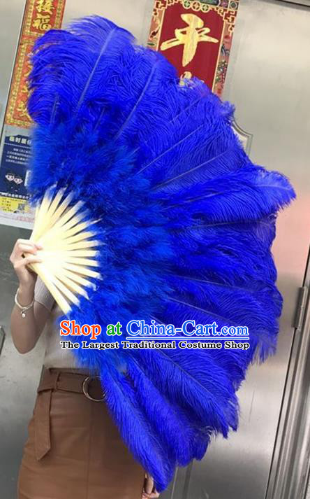 Top Rio Carnival Bamboo Folding Fan Samba Dance Deluxe Feathers Fan Handmade Royalblue Ostrich Feather Fan Miami Stage Show Giant Fan