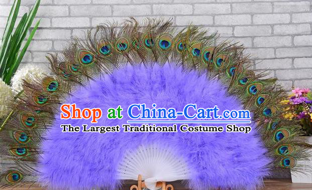 Top Stage Performance Fan Handmade Peacock Feathers Fan Samba Dance Purple Villus Fan Spanish Dance Folding Fan